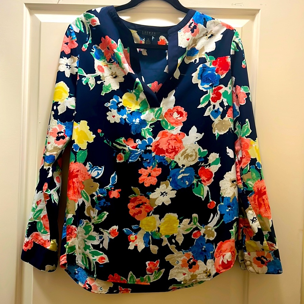 Ralph Lauren medium floral blouse. Bevy blue with multi color florals.